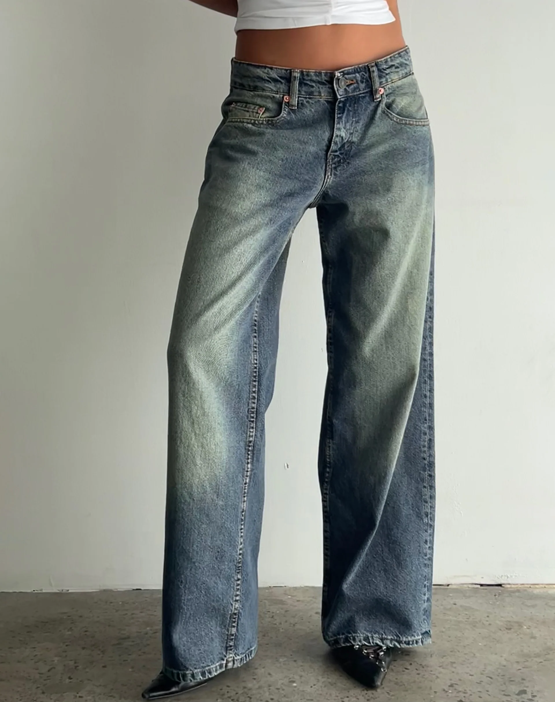Roomy Extra Wide Low Rise Jeans in Extreme Blue Green - Awmao