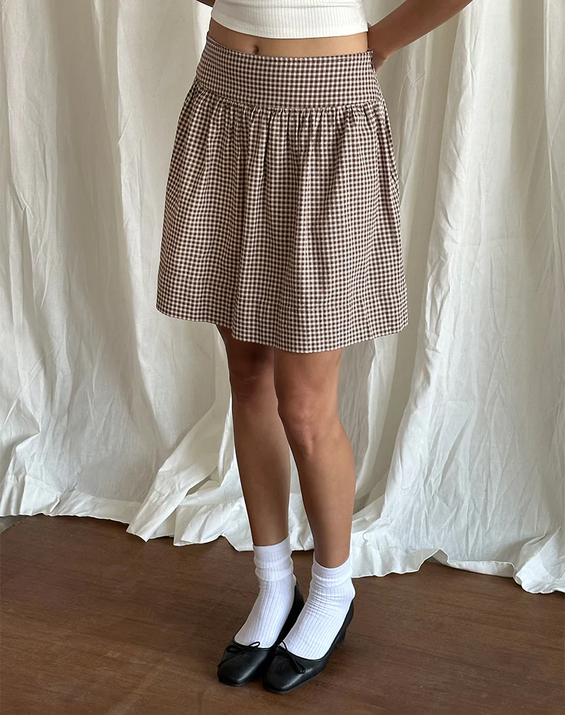 Adinda Midi Skirt in Mini Gingham Brown - Awmao