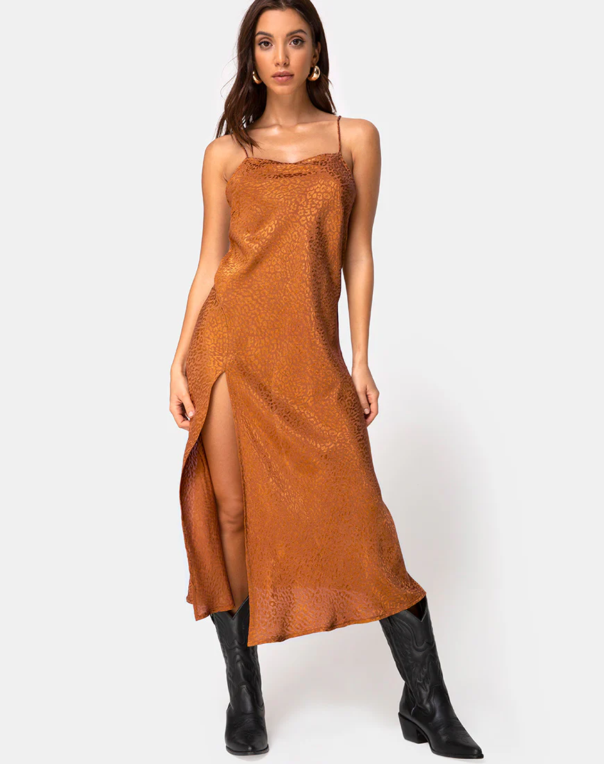 Quinty Dress in Gold Satin Cheetah - Awmao