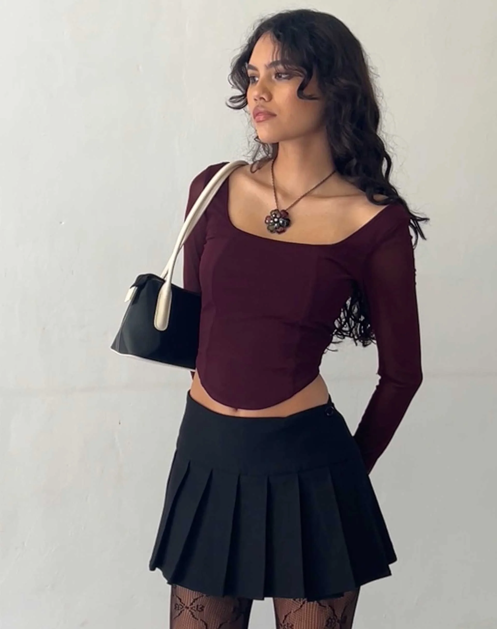 Helsiva Long Sleeve Crop Top in Mesh Burgundy - Awmao