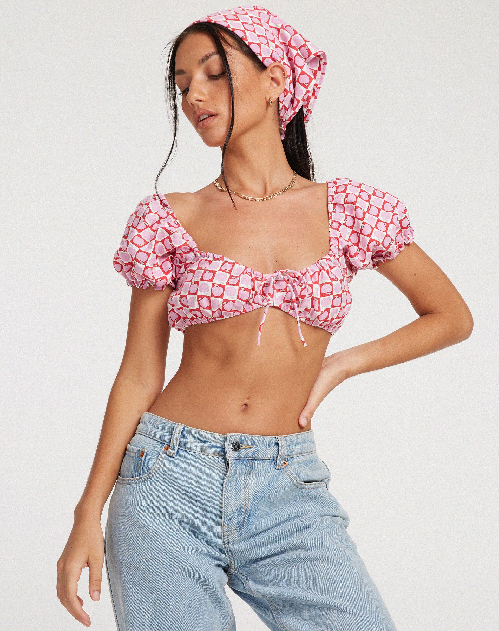 Haenji Crop Top in Apple Check Blush Red - Awmao
