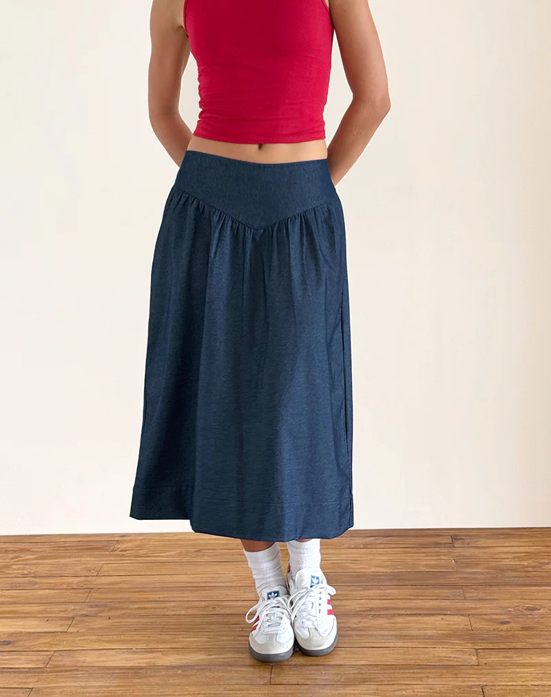 Seraya Midi Skirt in Denim Chambray Indigo - Awmao