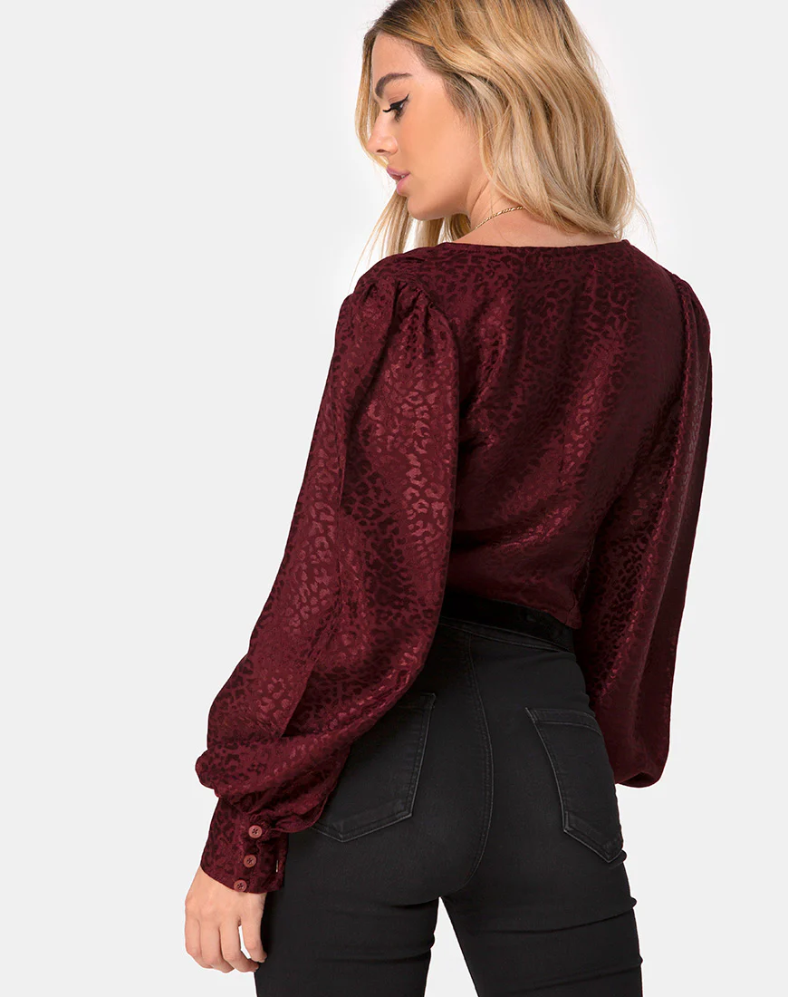 Bina Crop Top in Satin Cheetah Burgundy - Awmao