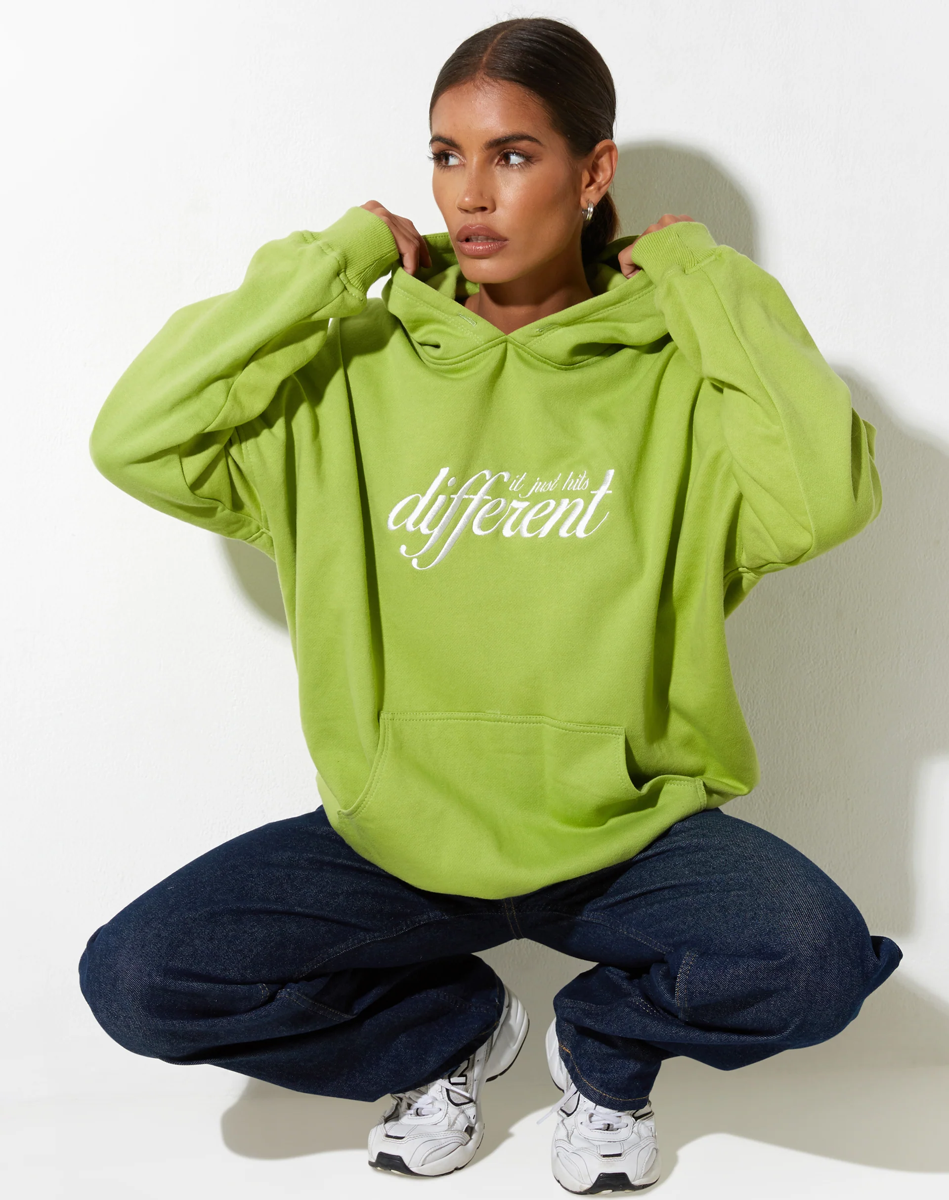 Oversize Hoodie in Leaf Green Different Embro White - Awmao