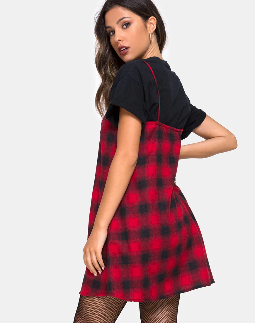 Sanna Slip Dress in Plaid Red Black - Awmao