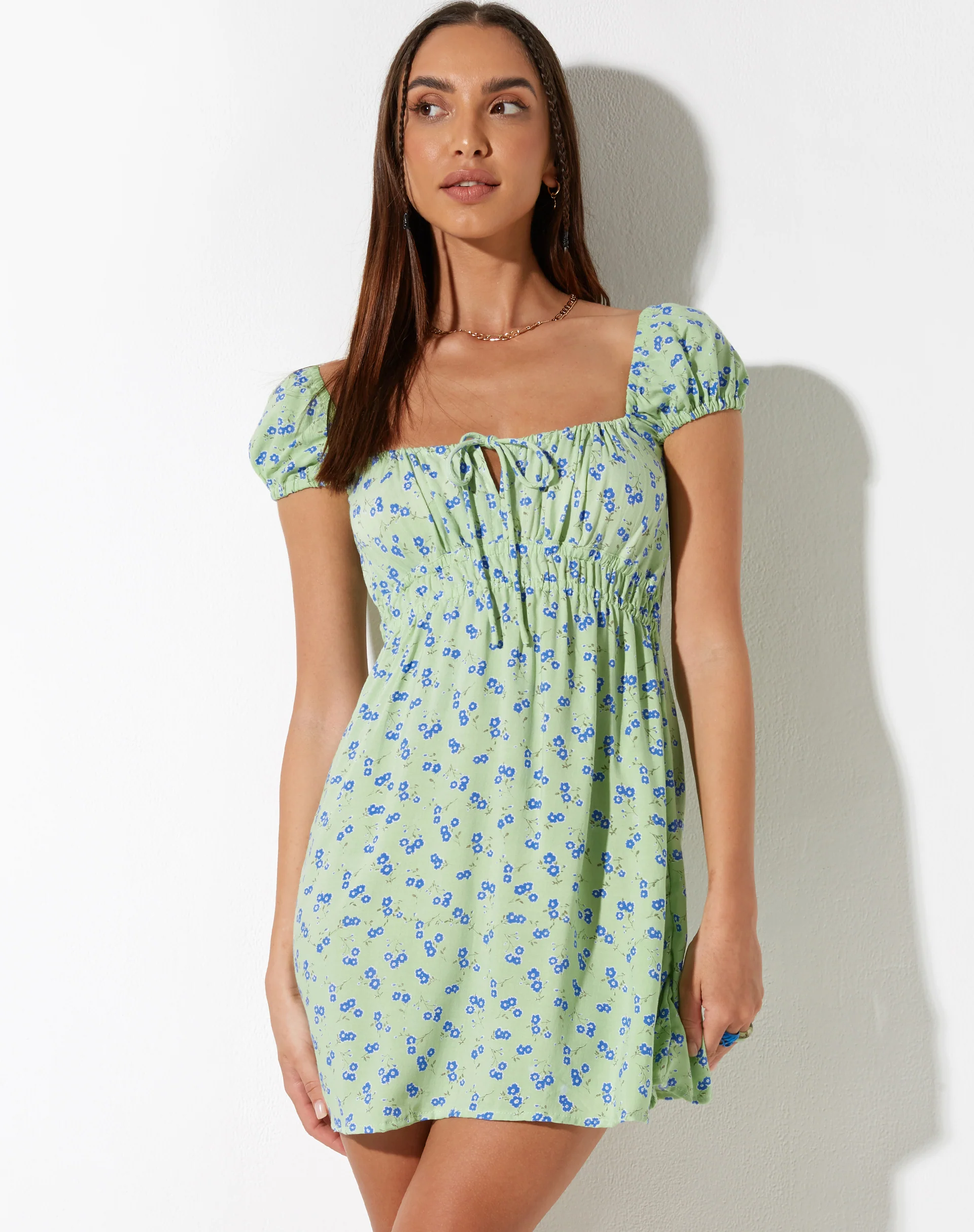 Galova Mini Dress in Lime Floral - Awmao