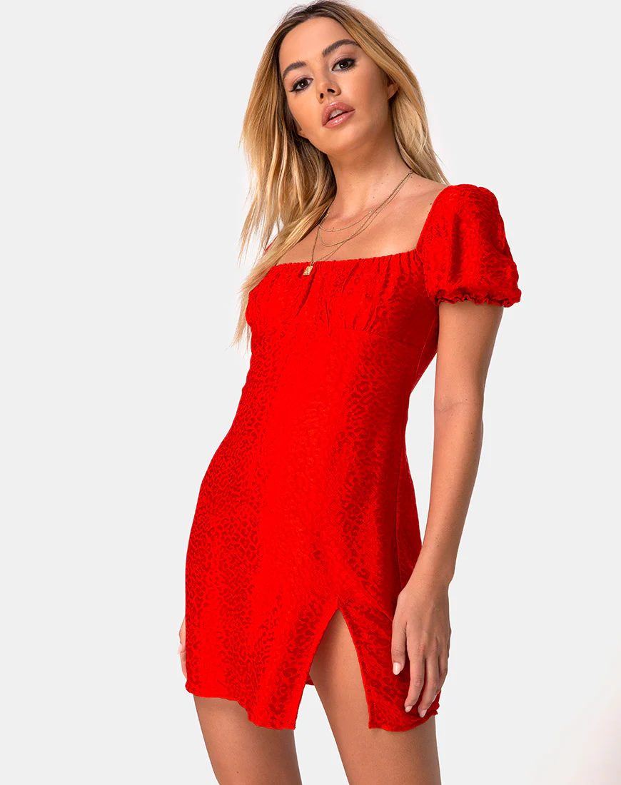Lonma Dress in Satin Cheetah Red - Awmao