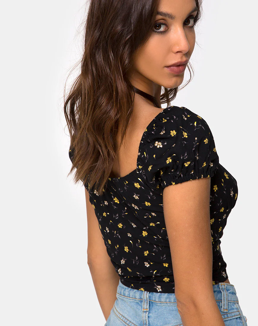 Mazu Top in Pretty Petal Black - Awmao