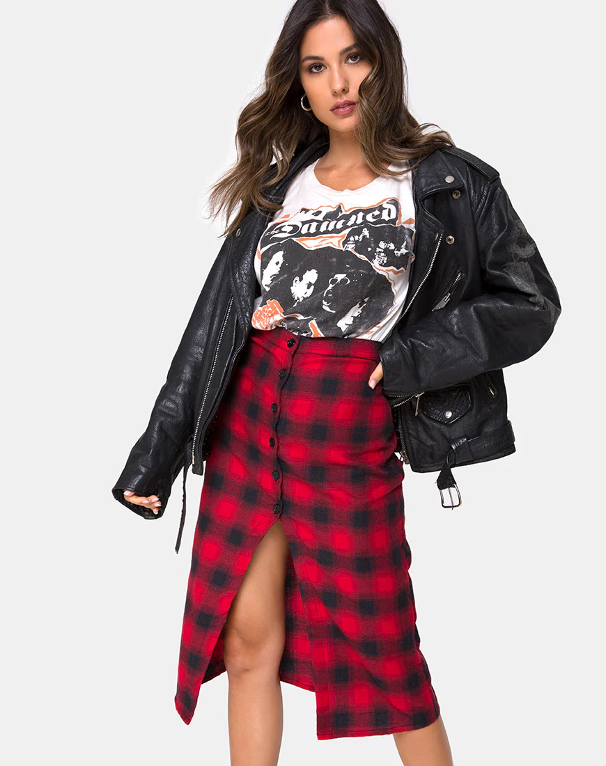 Kaisa Midi Skirt in Plaid Red and Black - Awmao