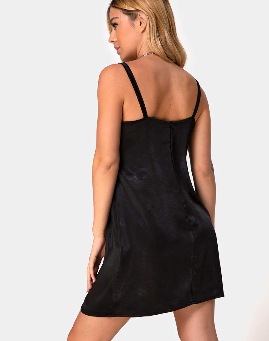 Kamalia Slip Dress in Satin Black - Awmao
