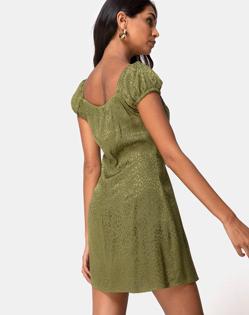 Gaval Mini Dress in Satin Cheetah Khaki - Awmao
