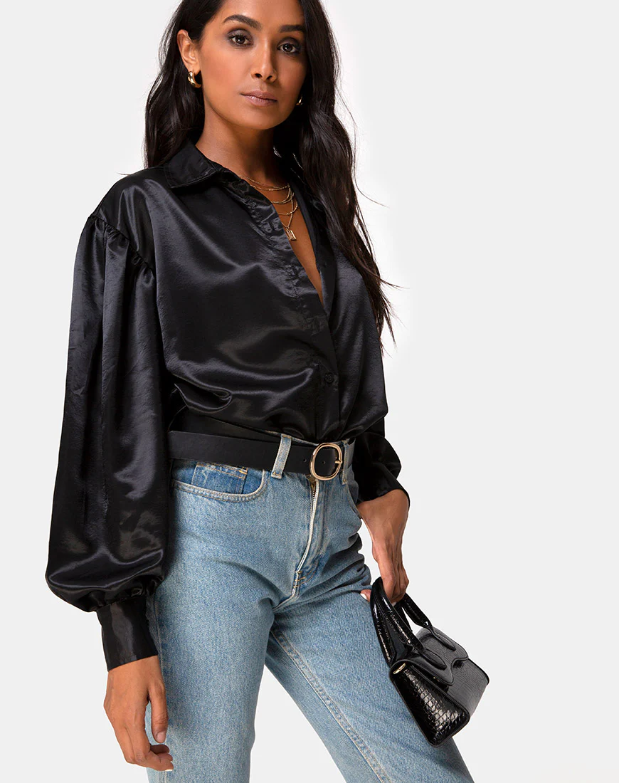 Frantic Longsleeve Blouse in Satin Black - Awmao
