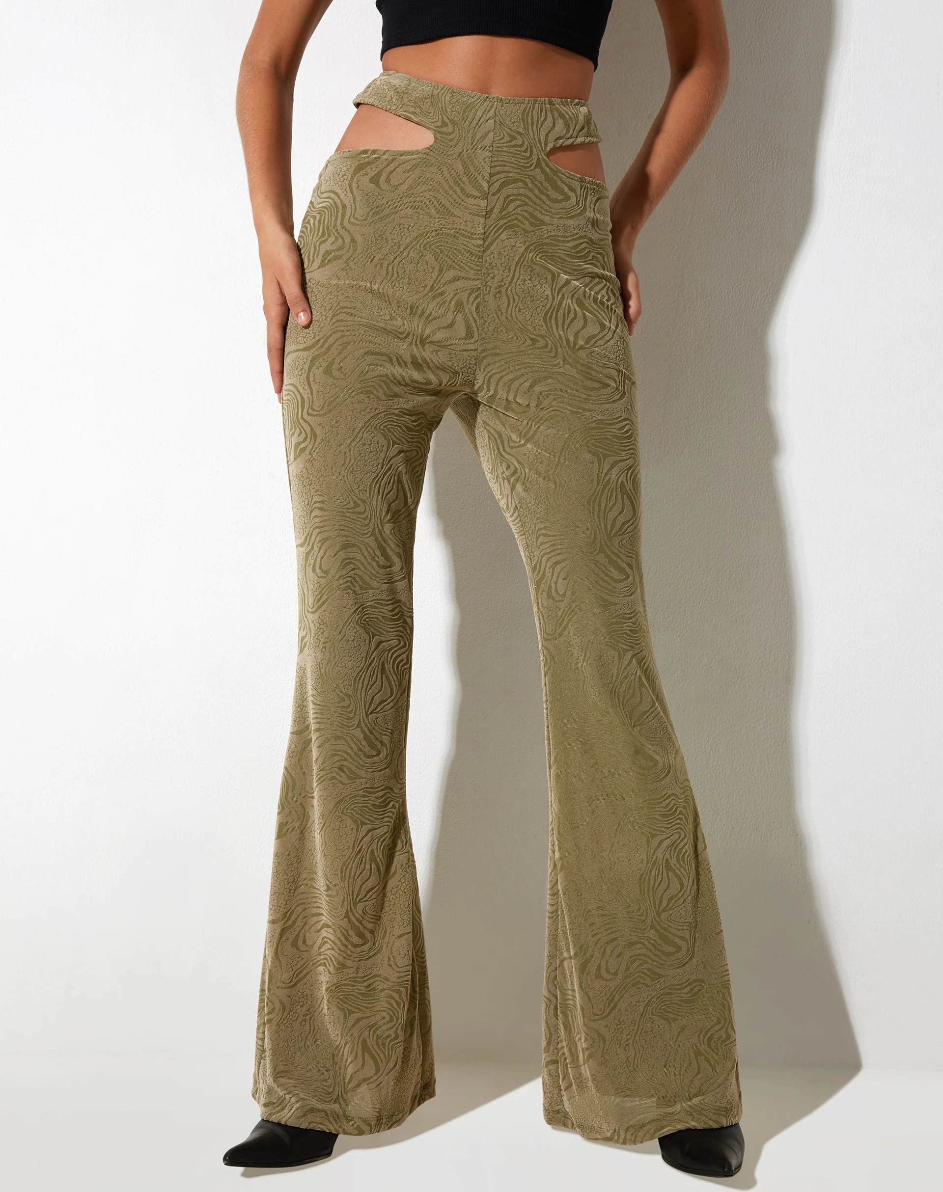 Tuleen Flare Trouser in Mixed Animal Flock Olive - Awmao