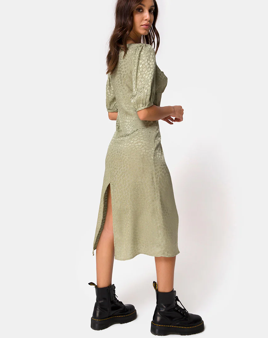 Millo Midi Dress in Satin Ditsy Rose Sage - Awmao