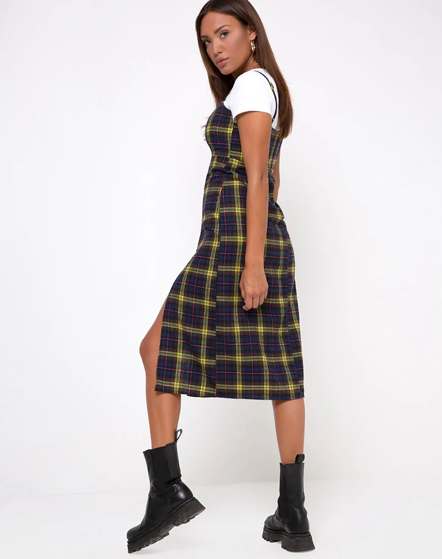 Kaoya Dress in Plaid Brown Yellow Check - Awmao