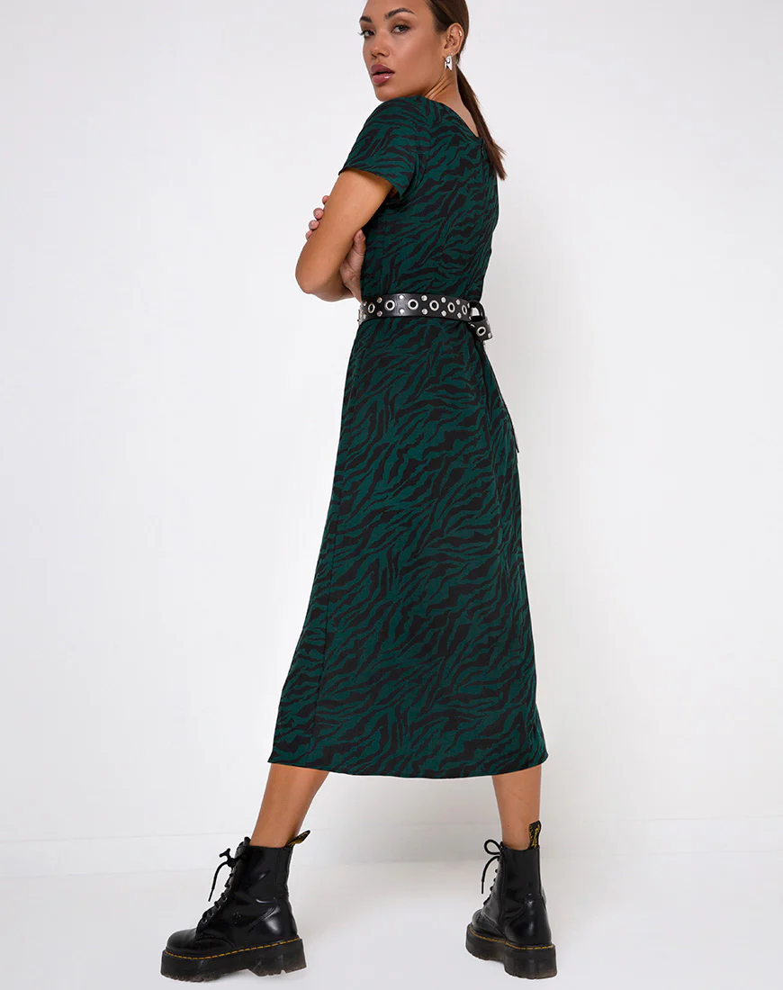 Nira Midi Dress in 90's Zebra Forest Green - Awmao