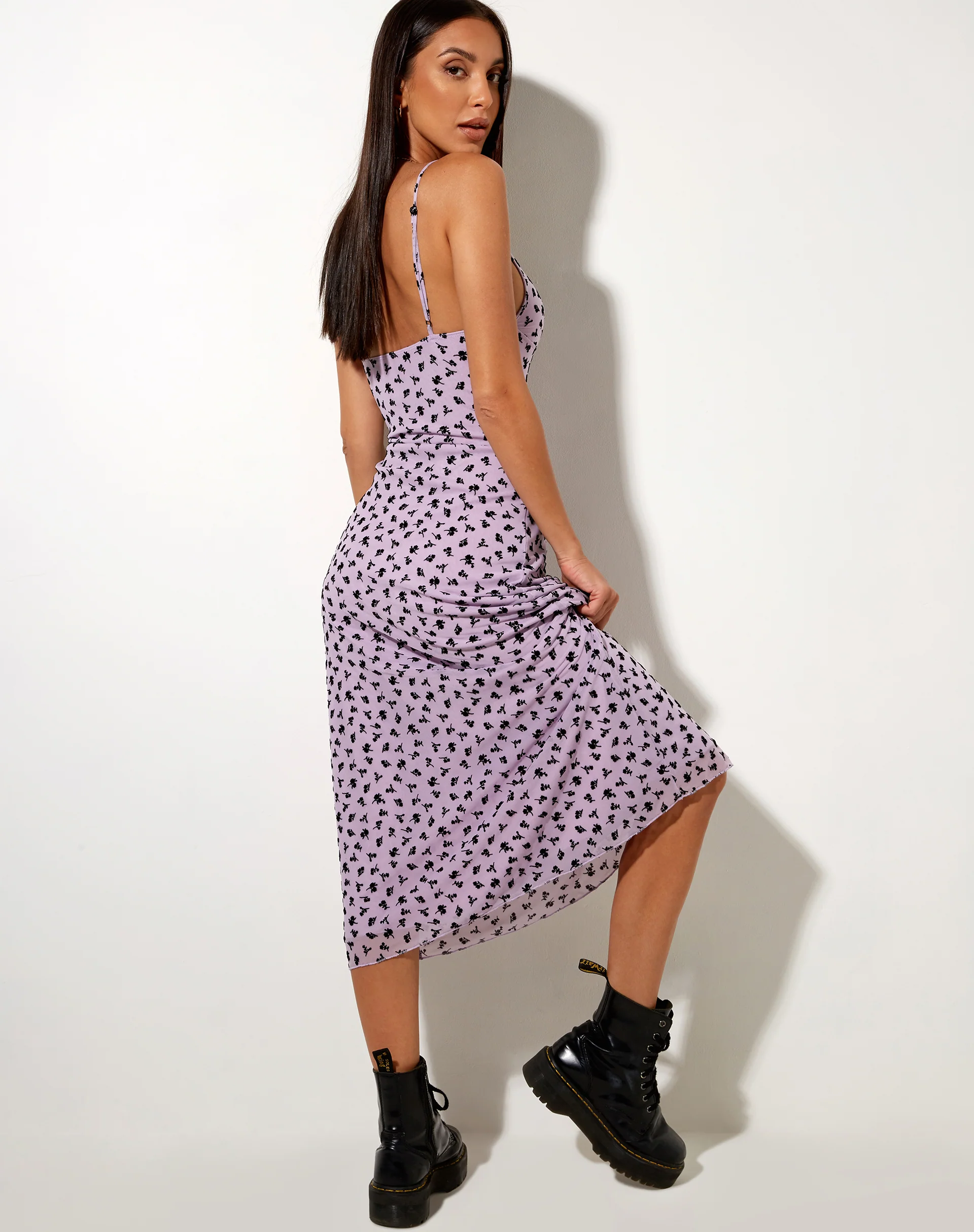 Cotina Midi Dress in Lilac Flower Buds Black Flock - Awmao