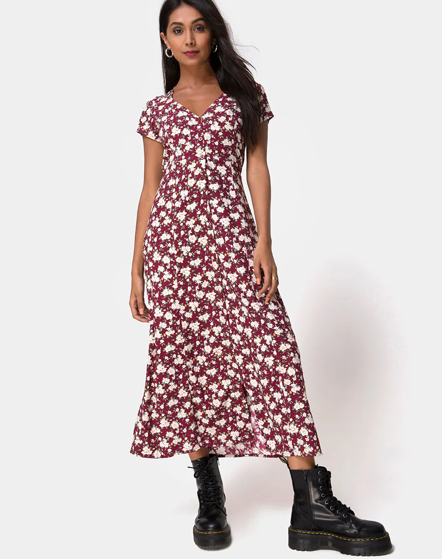 Sanrin Midi Dress in Wild Fleur Maroon - Awmao
