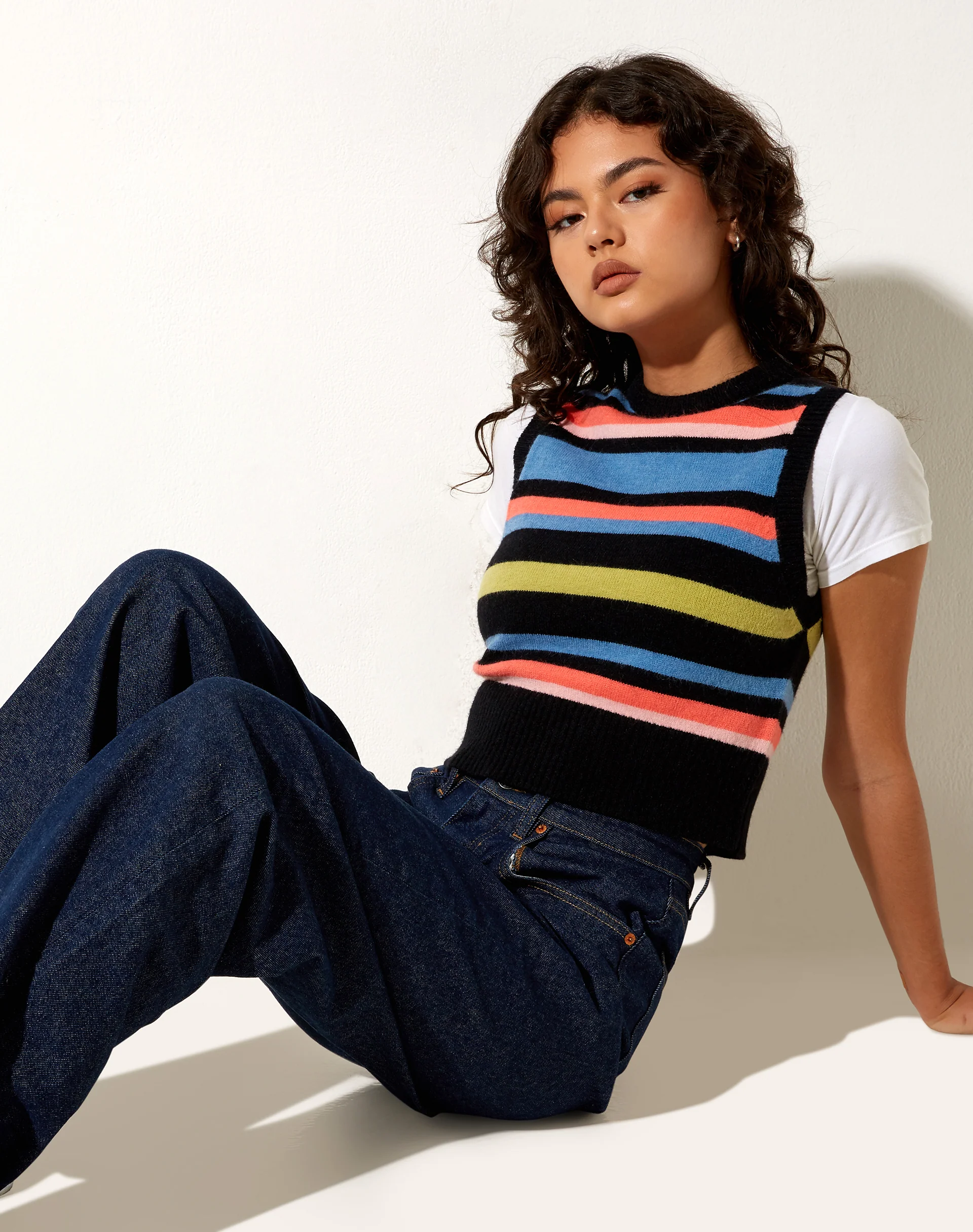 Jaya Vest in Multi Stripe Blue Black - Awmao