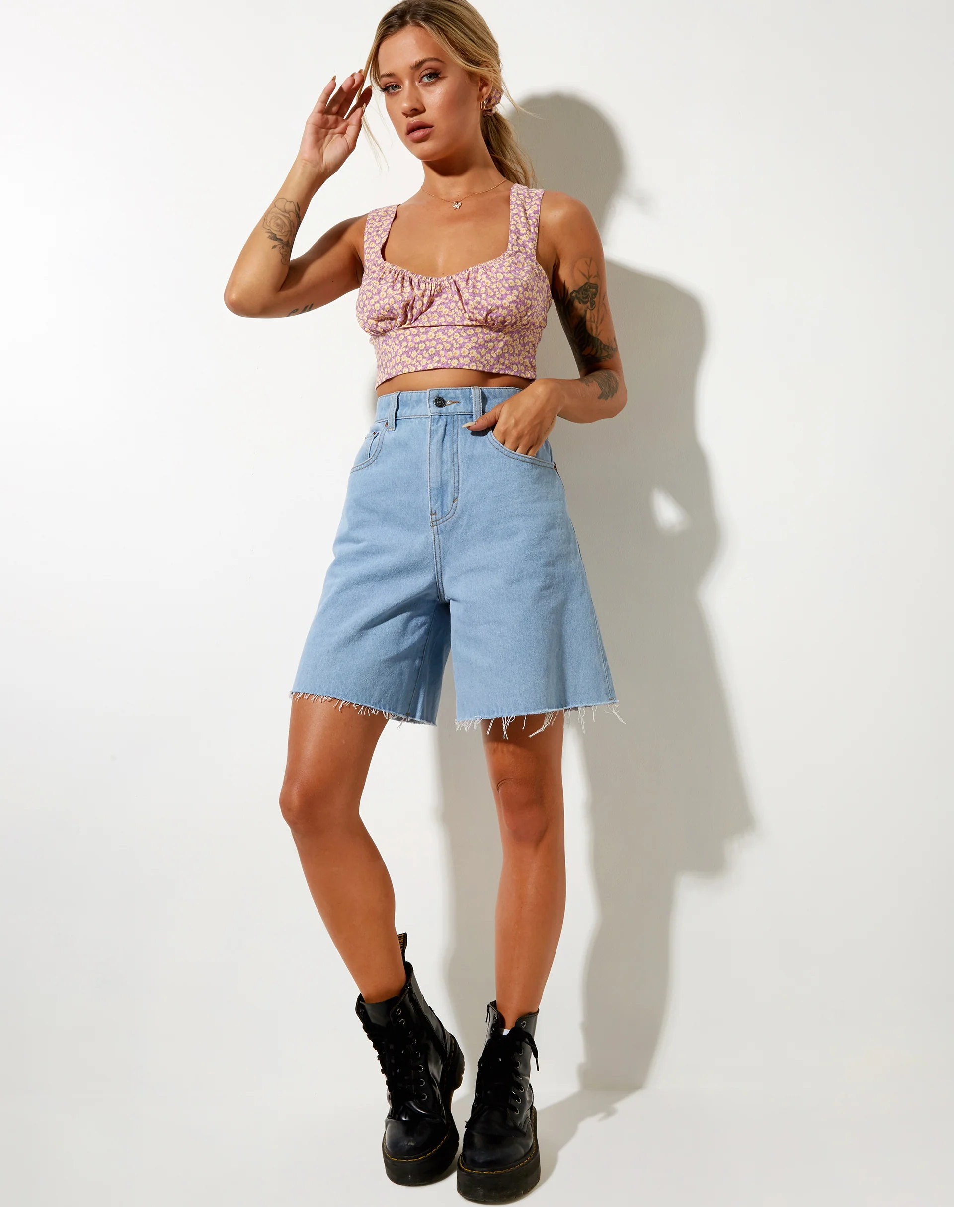 Gilda Crop Top in Flower Fun Lilac Lemon - Awmao