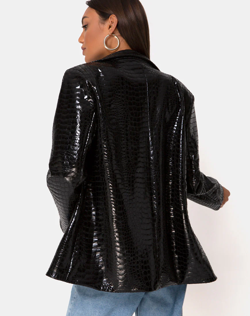 Elize Blazer in Croc PU Black - Awmao