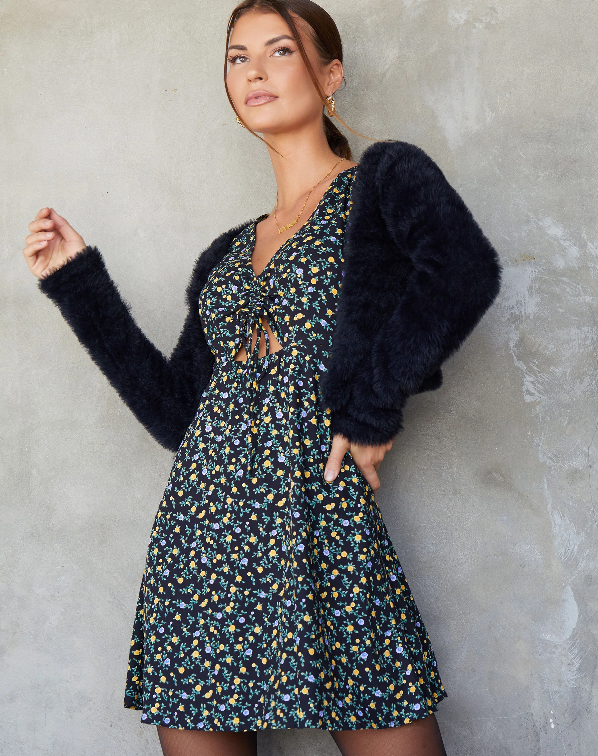 Raela Skater Dress in Flowing Flower Black - Awmao