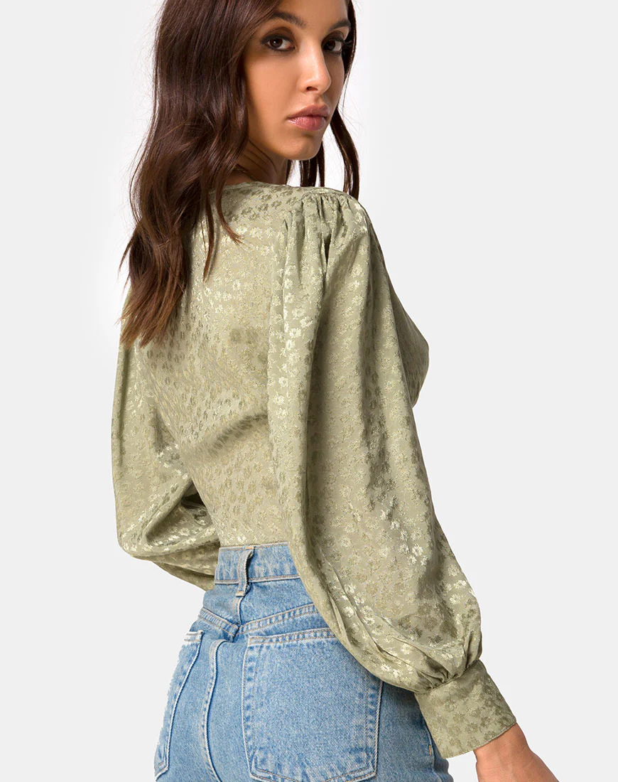 Bina Long sleeve Top in Satin Ditsy Rose Sage - Awmao