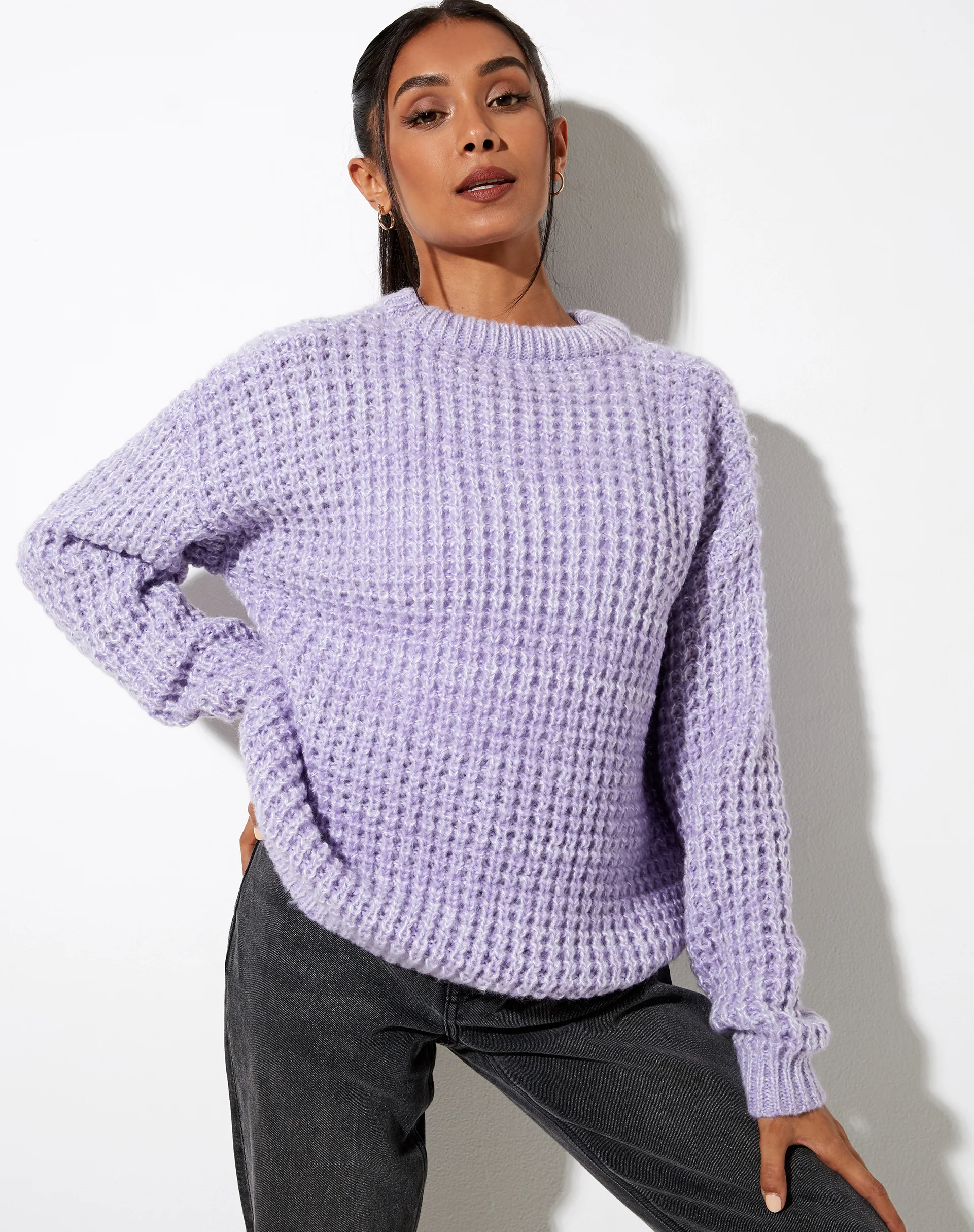 Caribou Jumper in Chunky Knit Lilac and White - Awmao