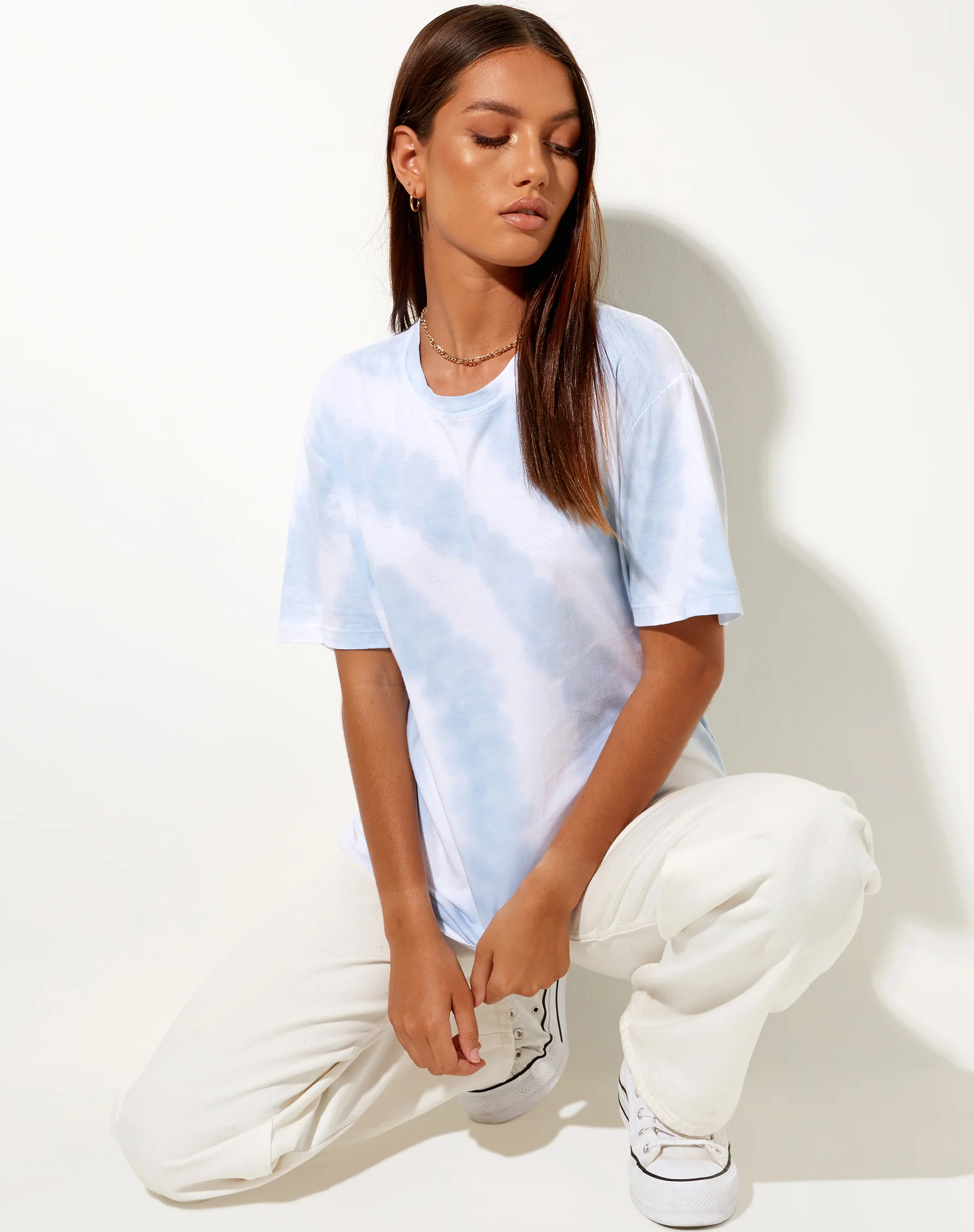 Oversize Basic Tee in Blue and White Swirl Tie Dye - Awmao