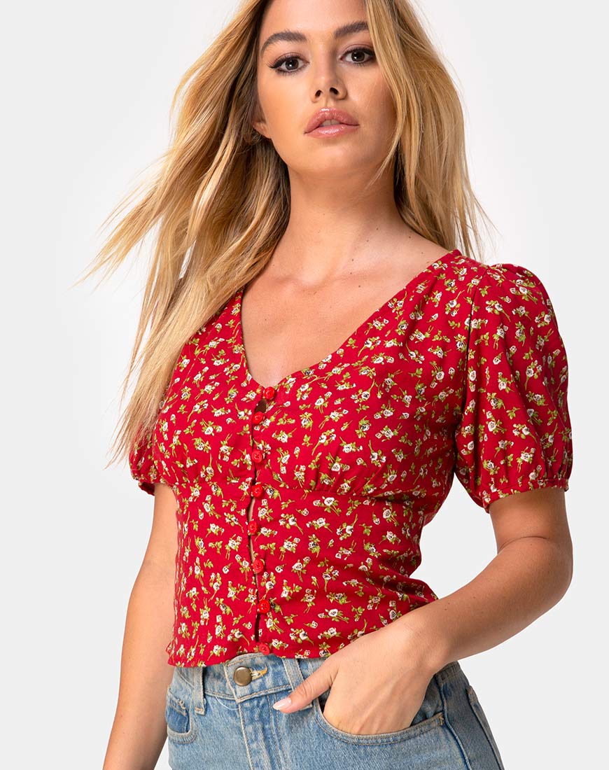 Moria Top in Falling For You Floral Red - Awmao