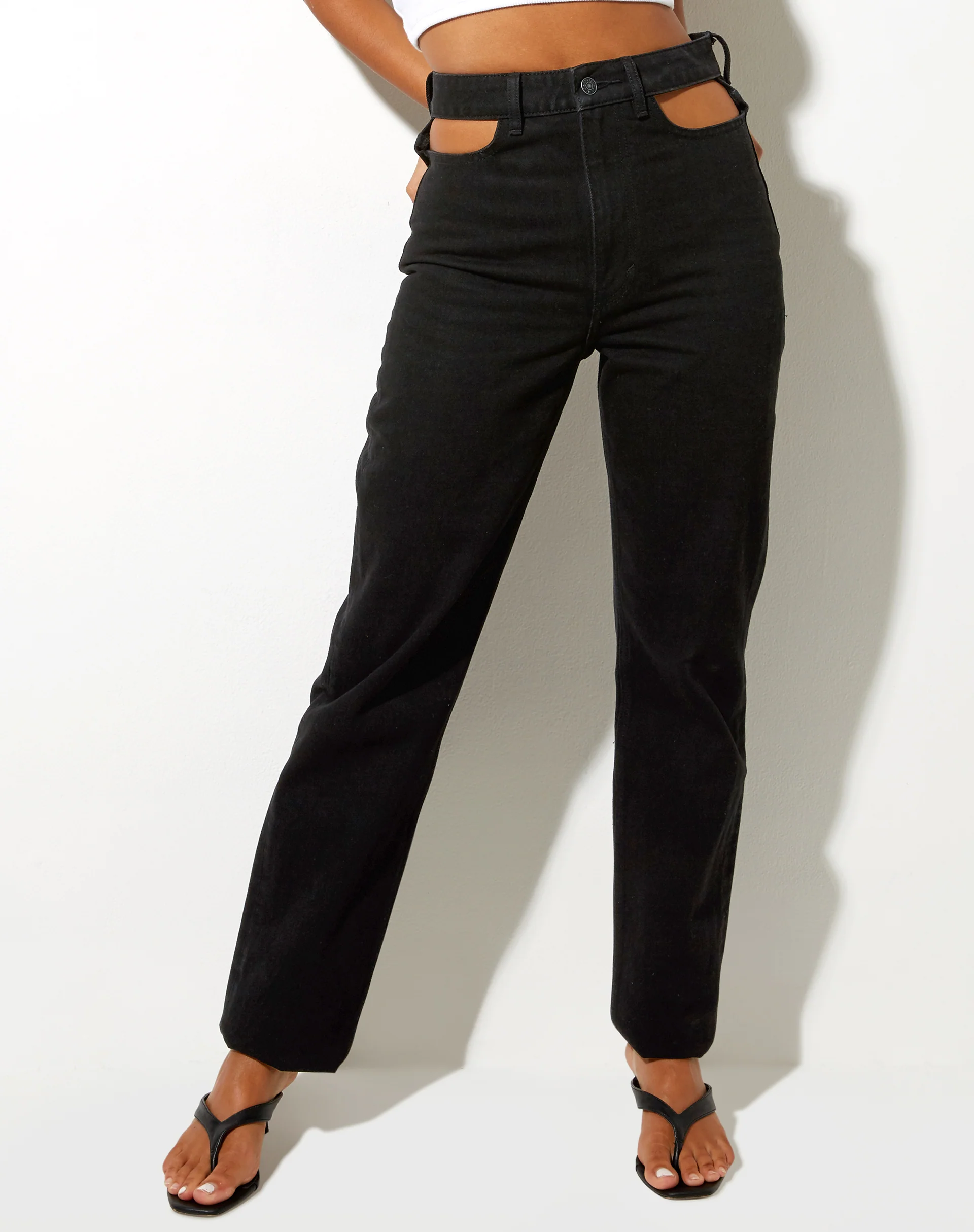 Cut Out Straight Leg Jeans in Black Wash - Awmao