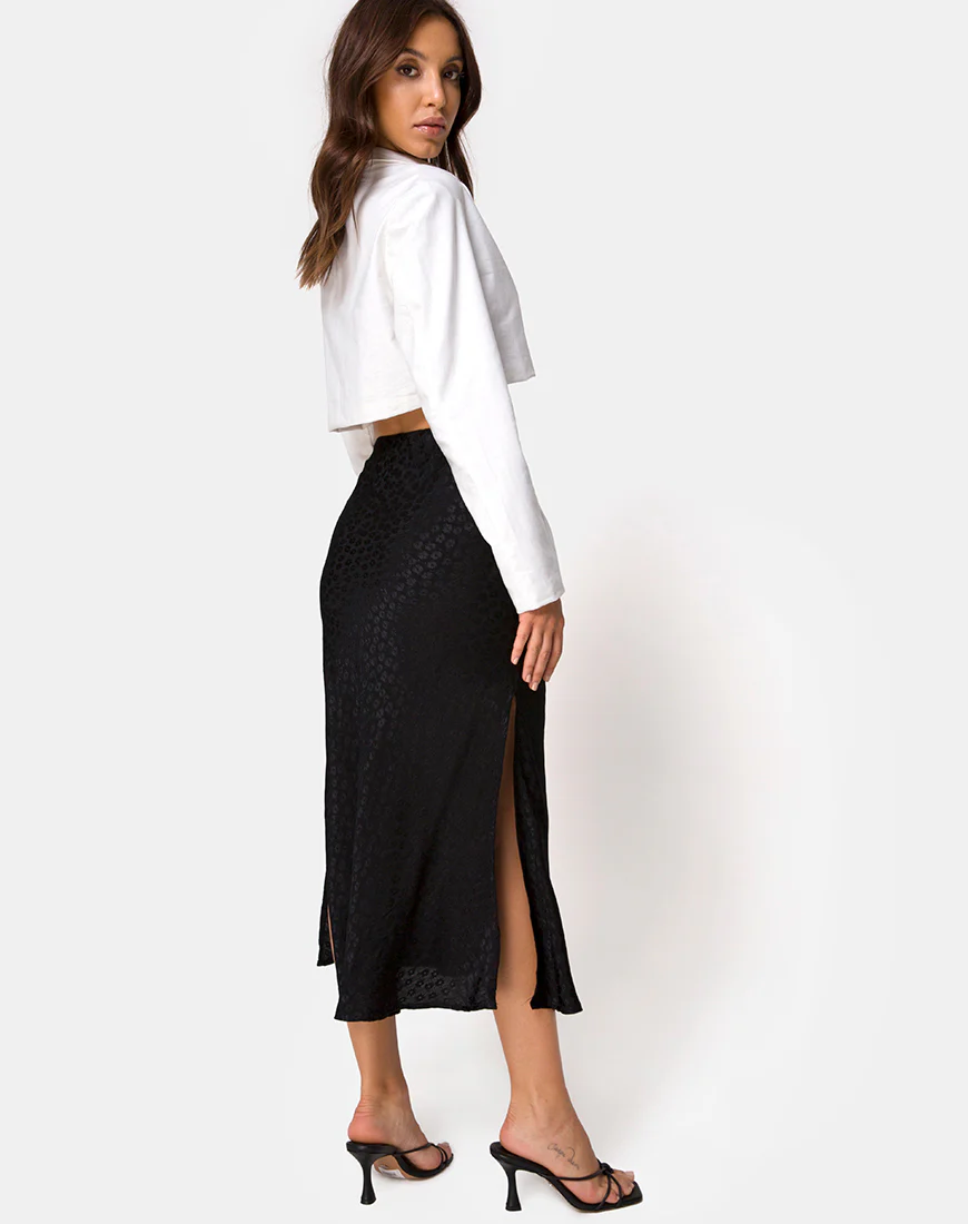Tindra Midi Skirt in Satin Ditsy Rose Black - Awmao