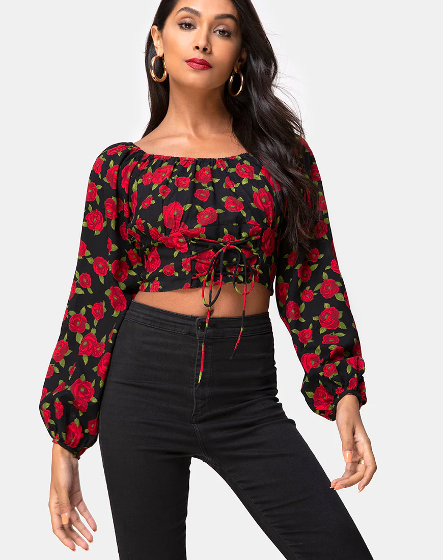 Lancery Top in Roaming Rose Black - Awmao