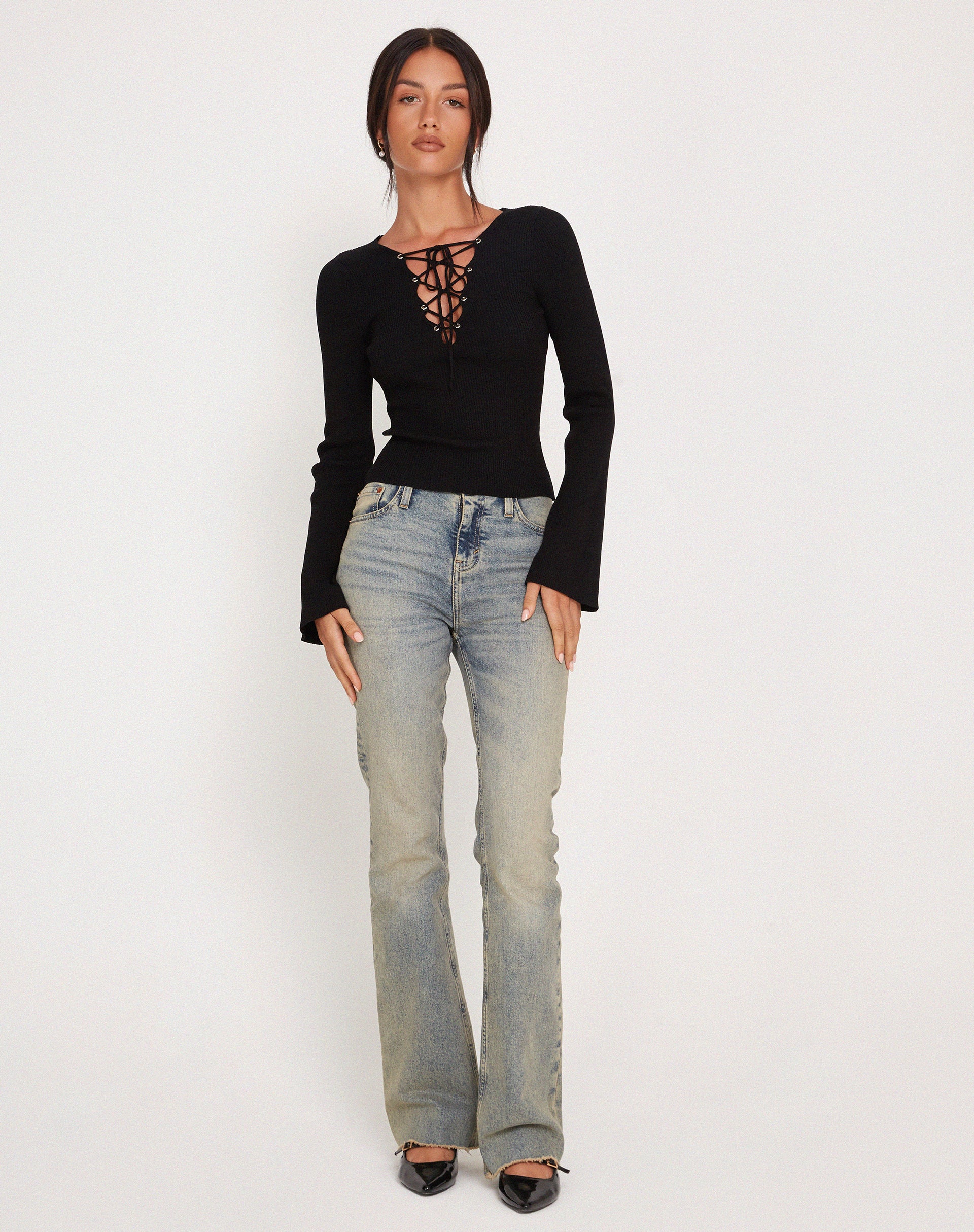 Issey Long Sleeve Lace up Top in Black - Awmao