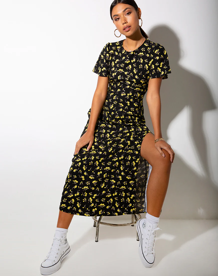 Tinata Maxi Dress in Buttercup Black and Yellow - Awmao