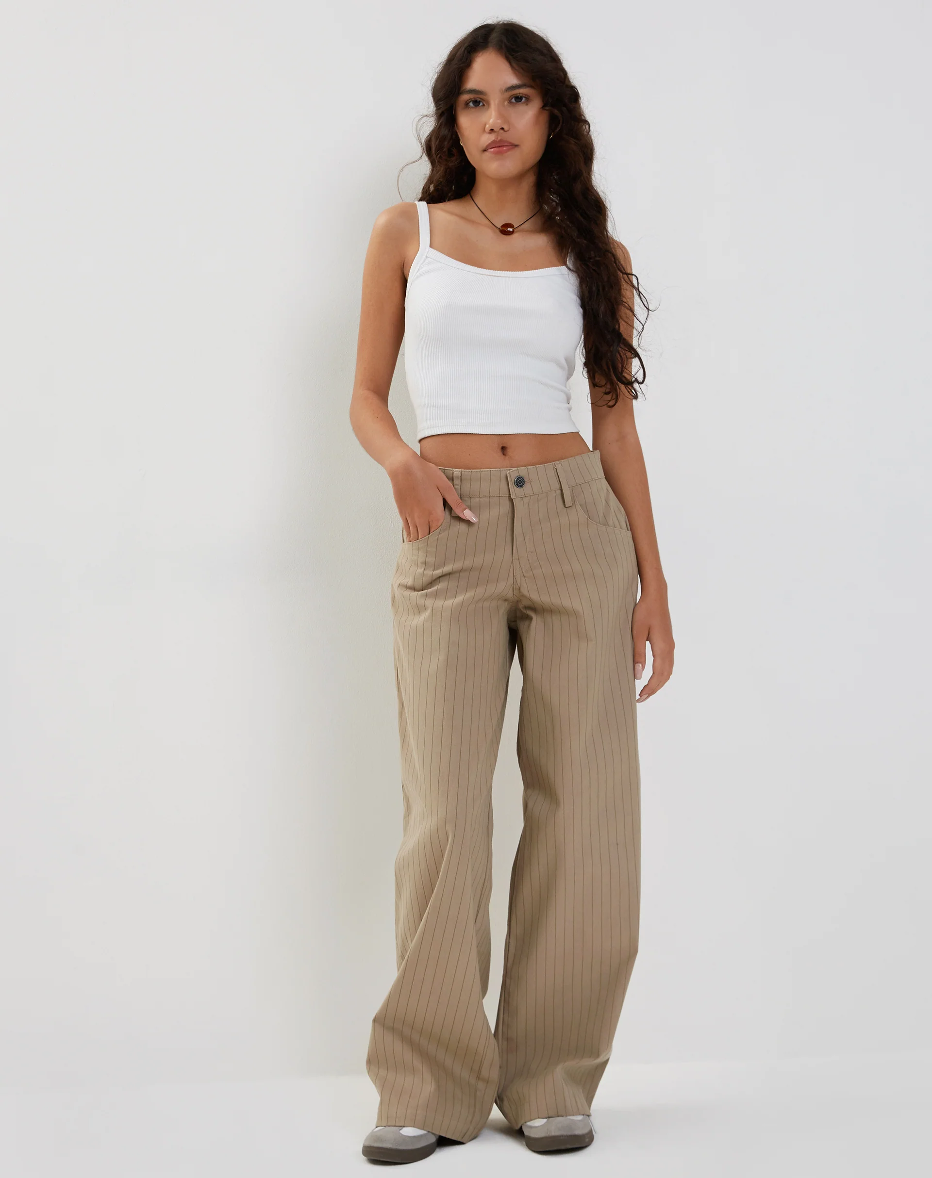 Roomy Low Rise Extra Wide Trousers in Pinstripe Stone - Awmao