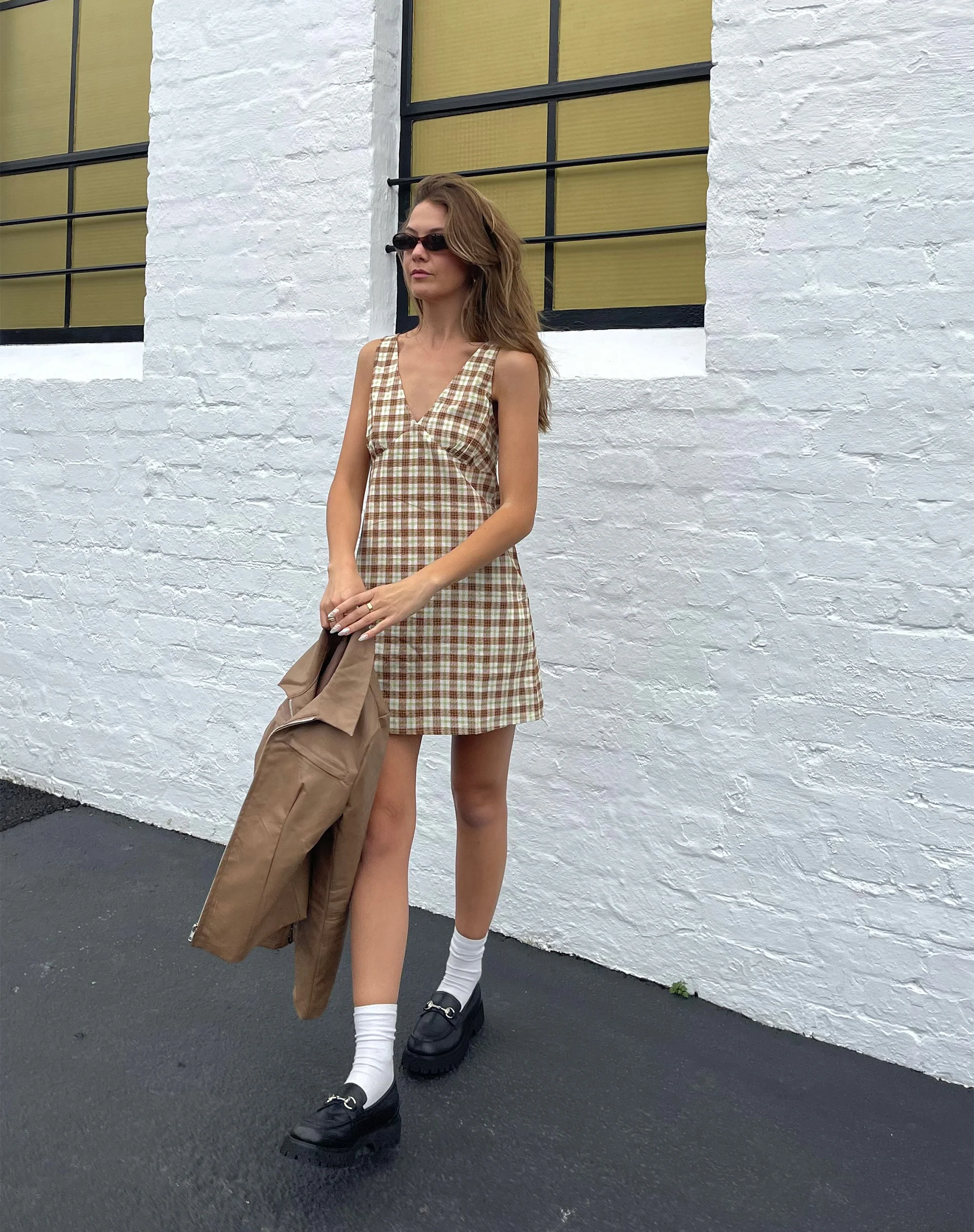 Eluned Day Dress in Yellow and Brown Check - Awmao