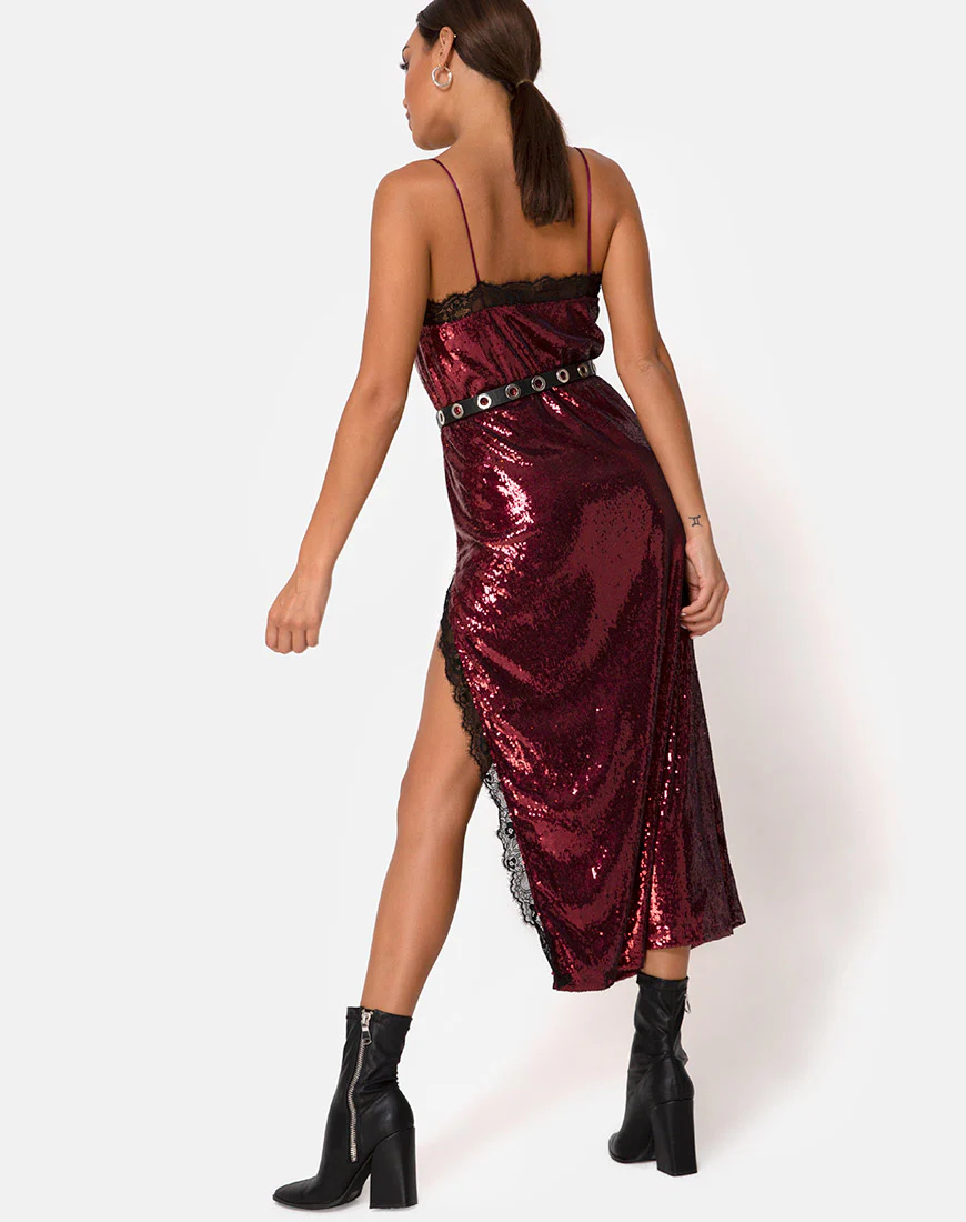 Fitilia Dress in Burgundy Mini Sequin with Black Lace - Awmao