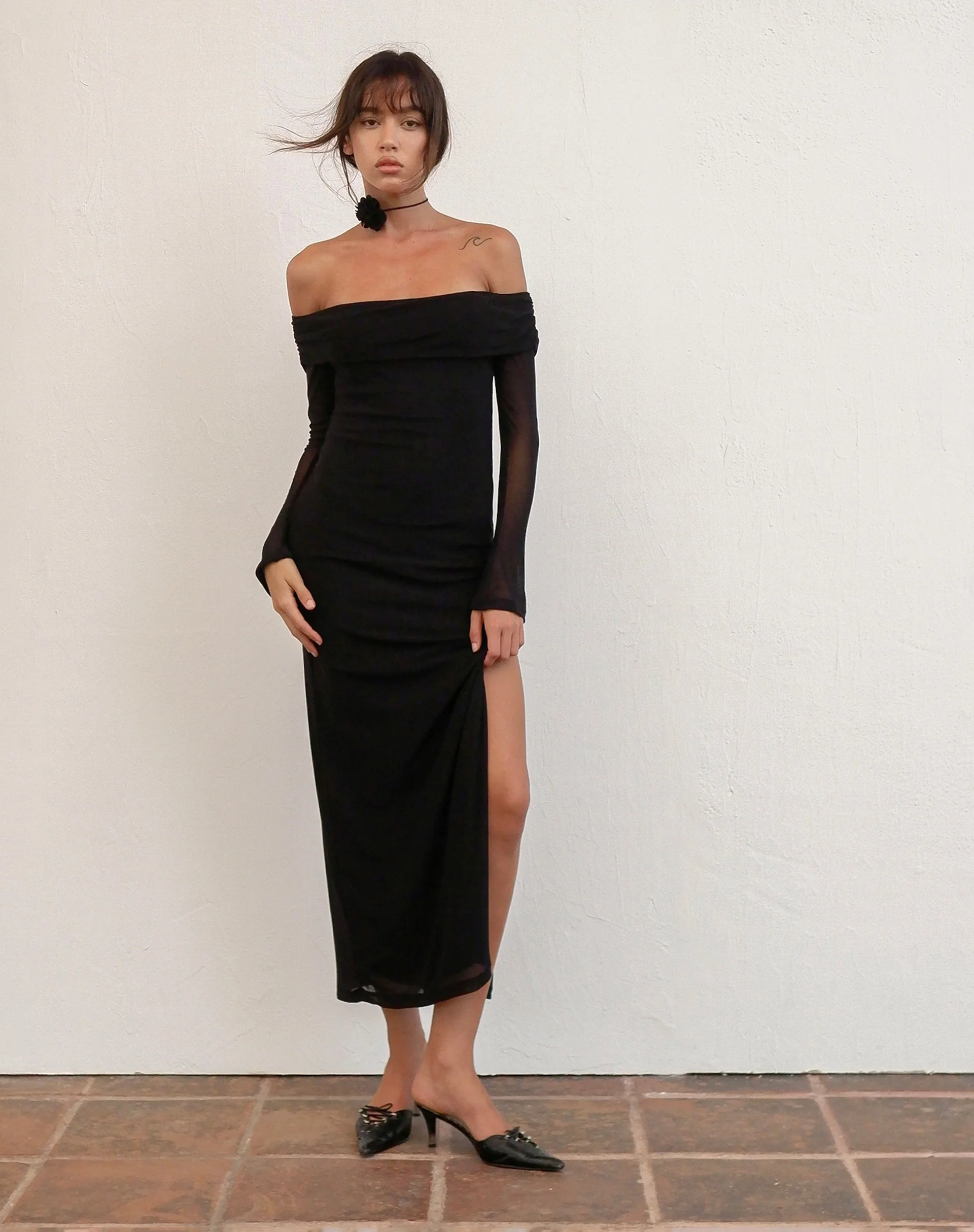 Terika Bardot Long Sleeve Maxi Dress in Mesh Black - Awmao