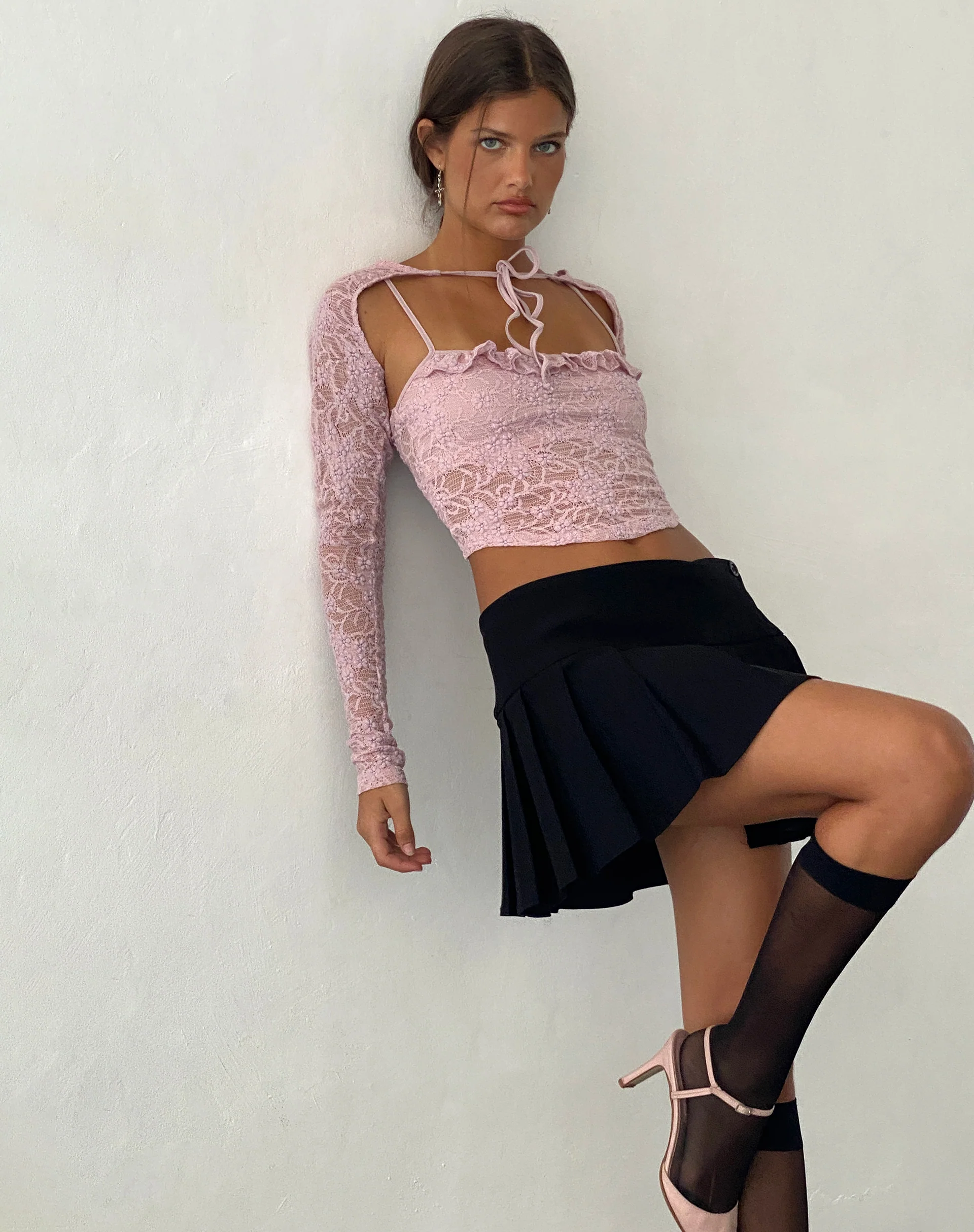 Carlina Cami and Shrug Set in Lace Pink - Awmao
