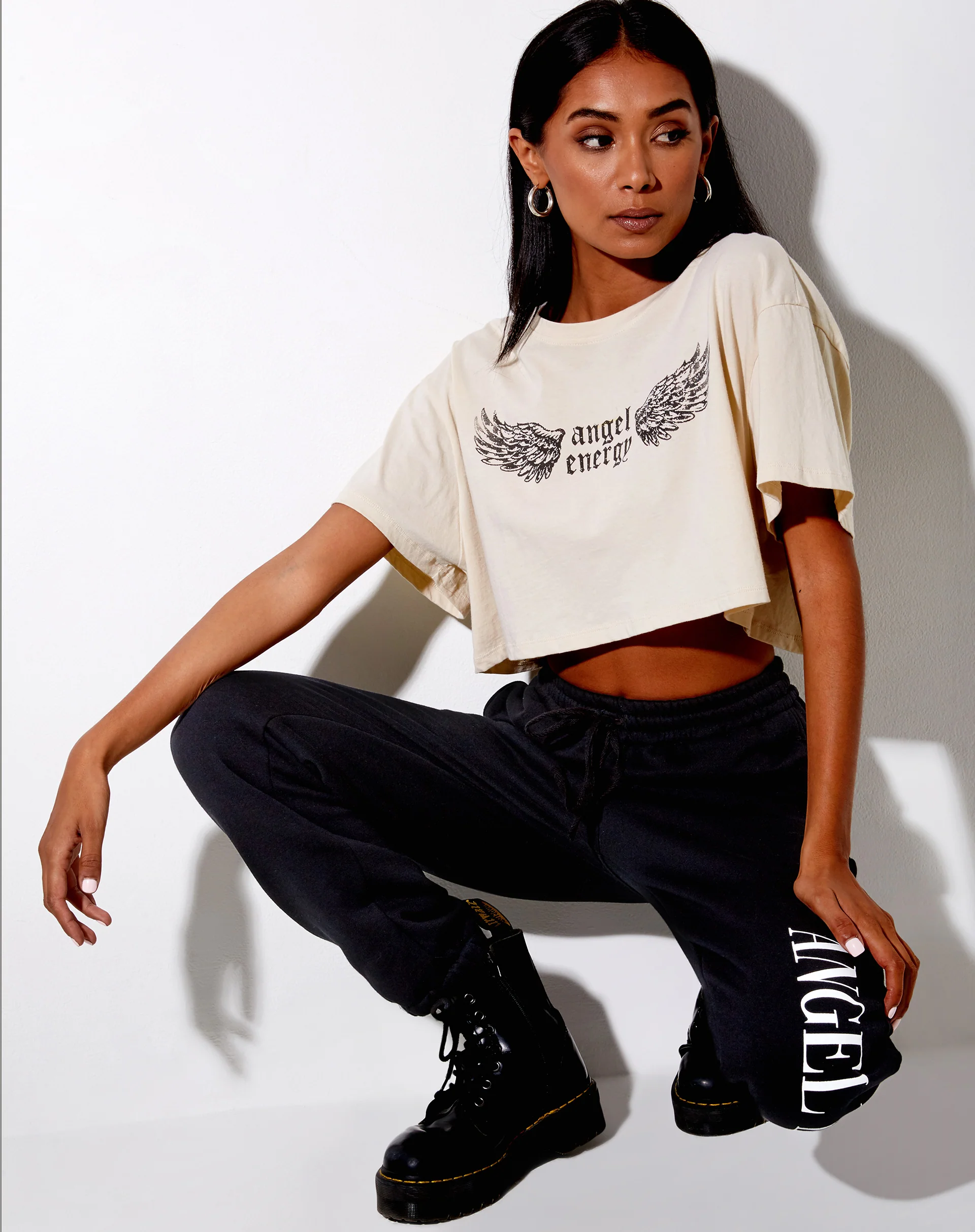Georgi Cropped Tee in Stone 'Angel Energy' Wings - Awmao