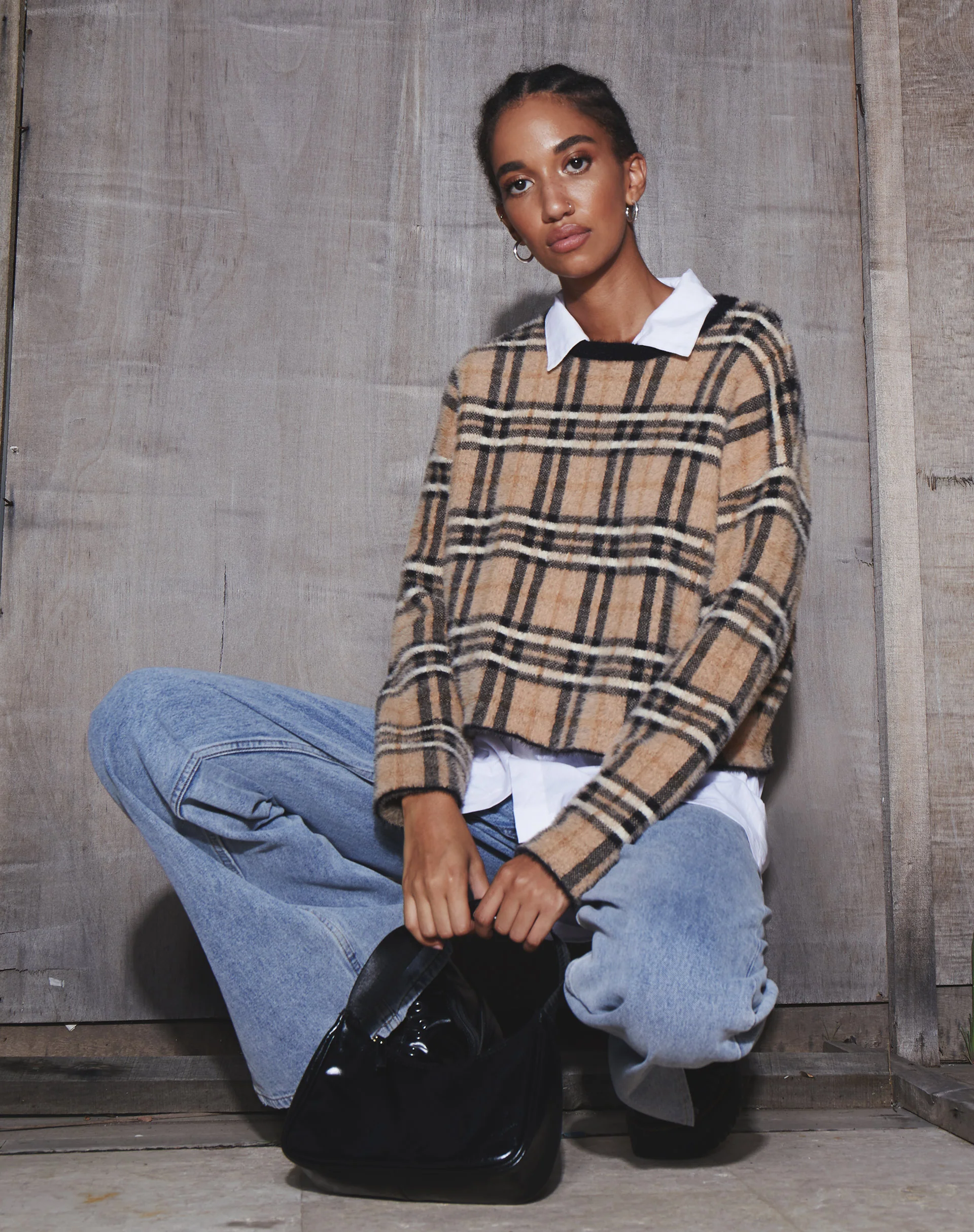 Oki Jumper in Knit Cream Black and White Check - Awmao