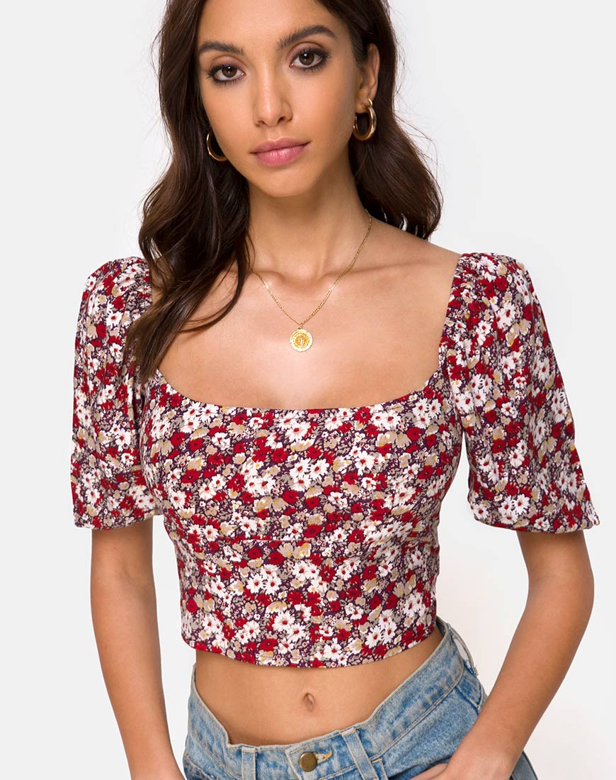 Silvia Top in Floral Charm Red - Awmao