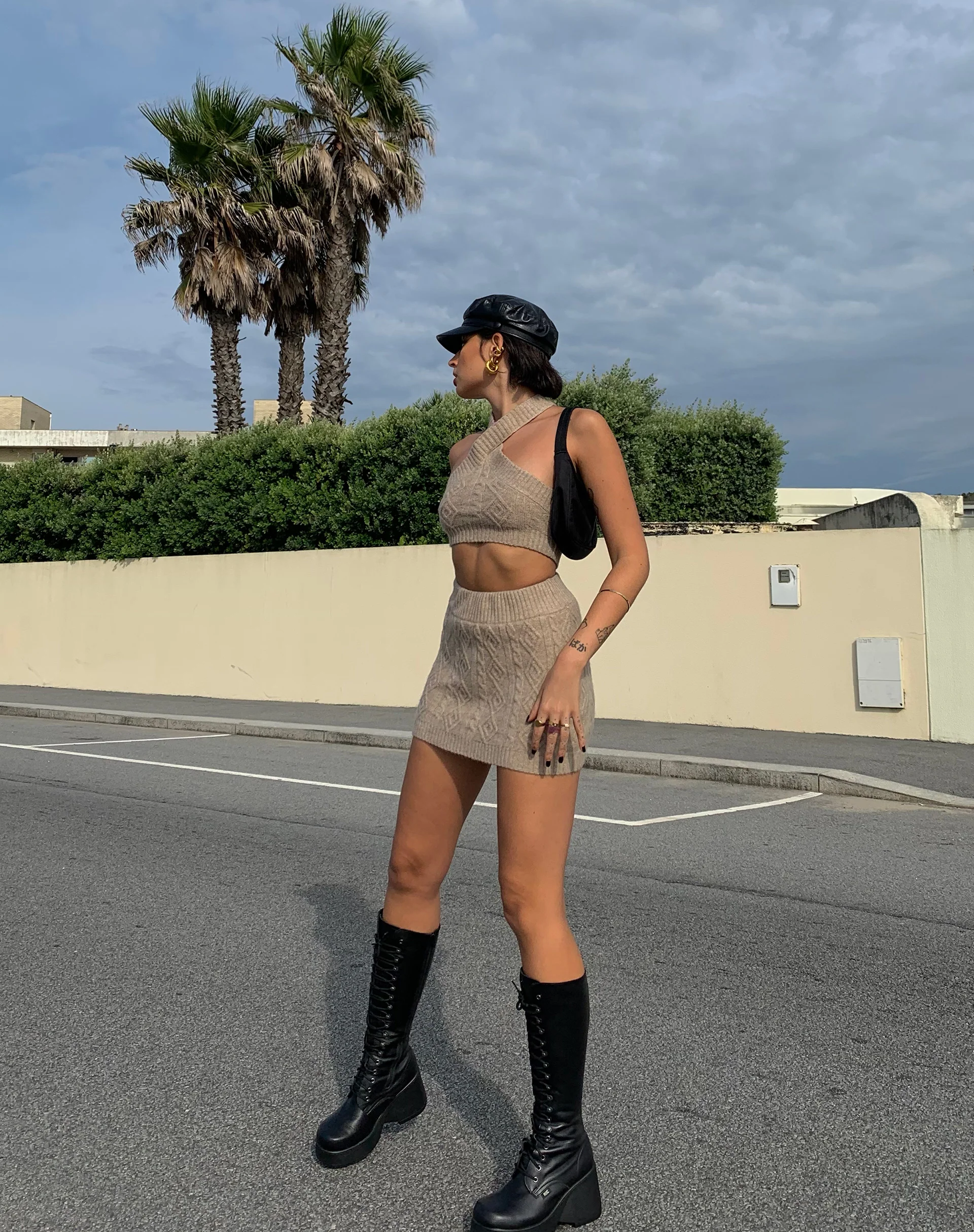 Hira Mini Skirt in Knit Oatmeal - Awmao