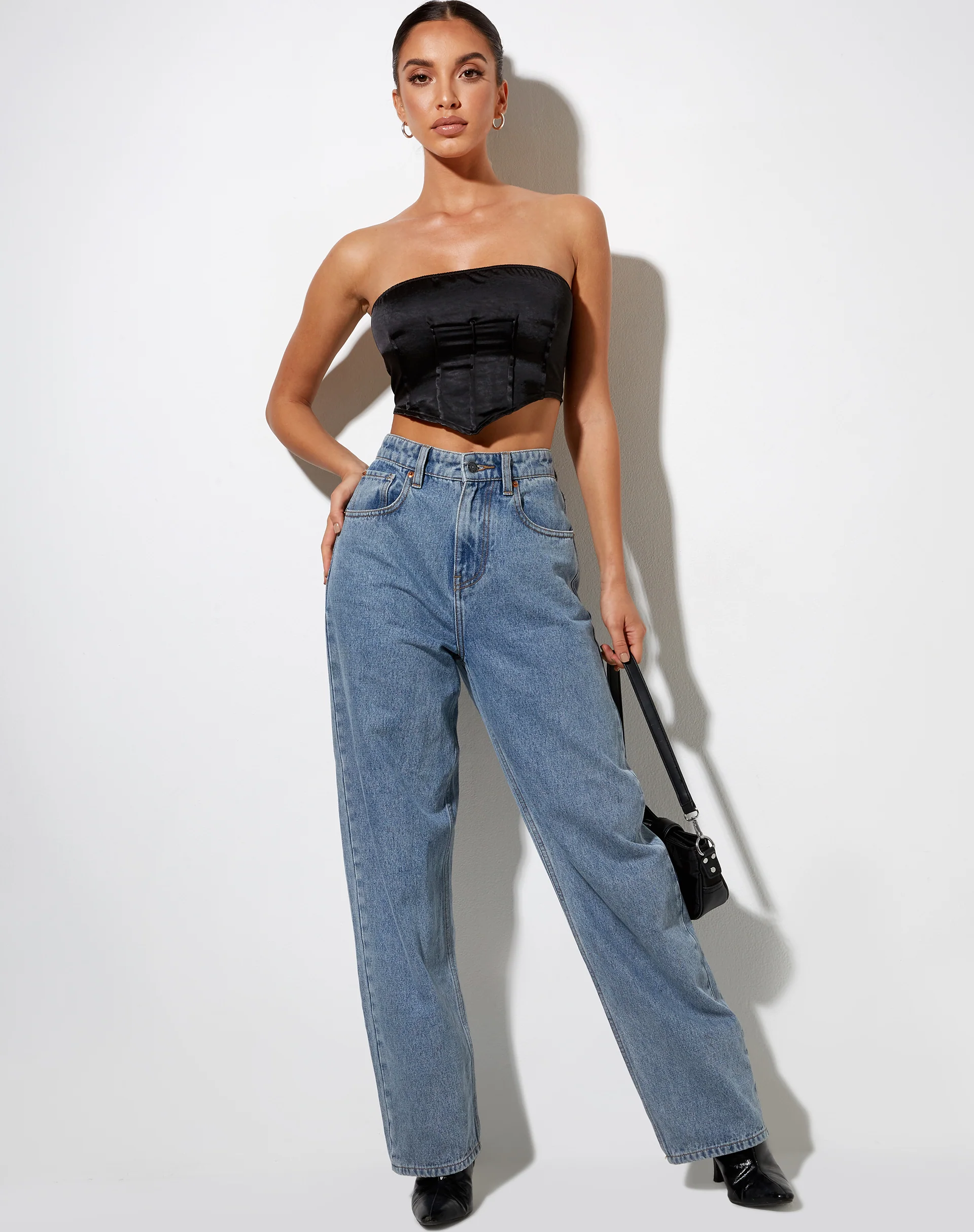 Sanja Bandeau Top in Satin Black - Awmao