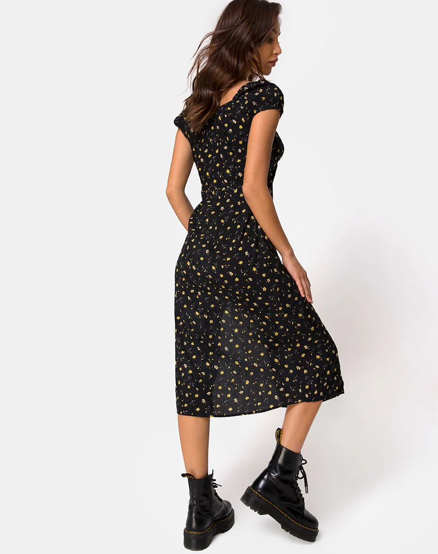 Milla Midi Dress in Pretty Petal Black - Awmao