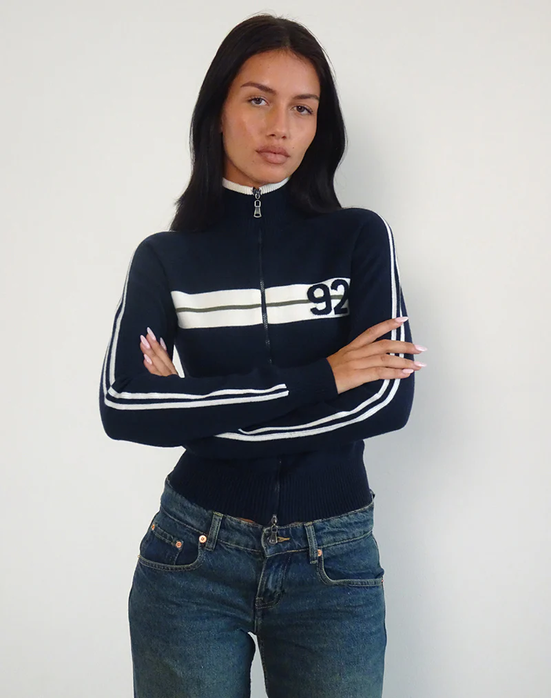 Takiya Zip Through Jacket in Deep Navy with 92 Design - Awmao