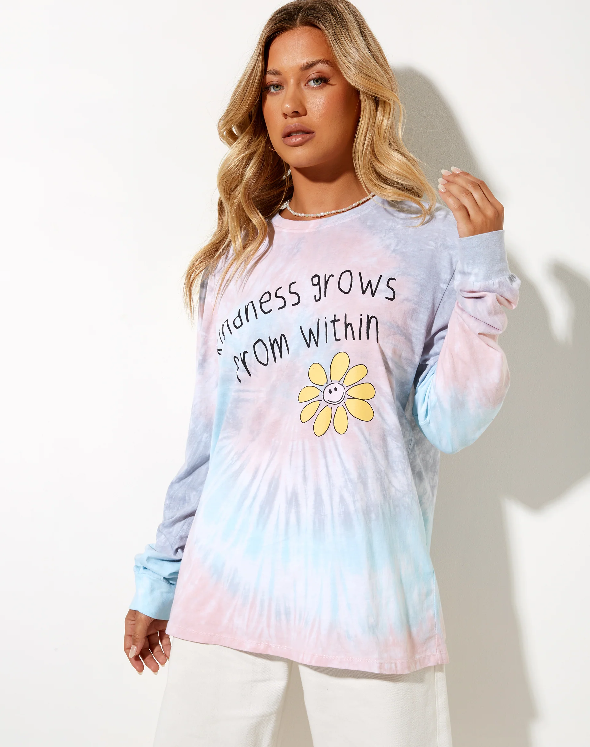 Olivia Long Sleeve Tee in White Tie Dye Kindness Grow - Awmao