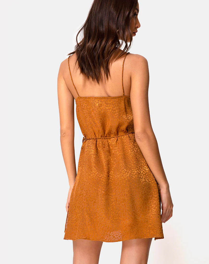 Furiosa Wrap Dress in Gold Satin Cheetah - Awmao