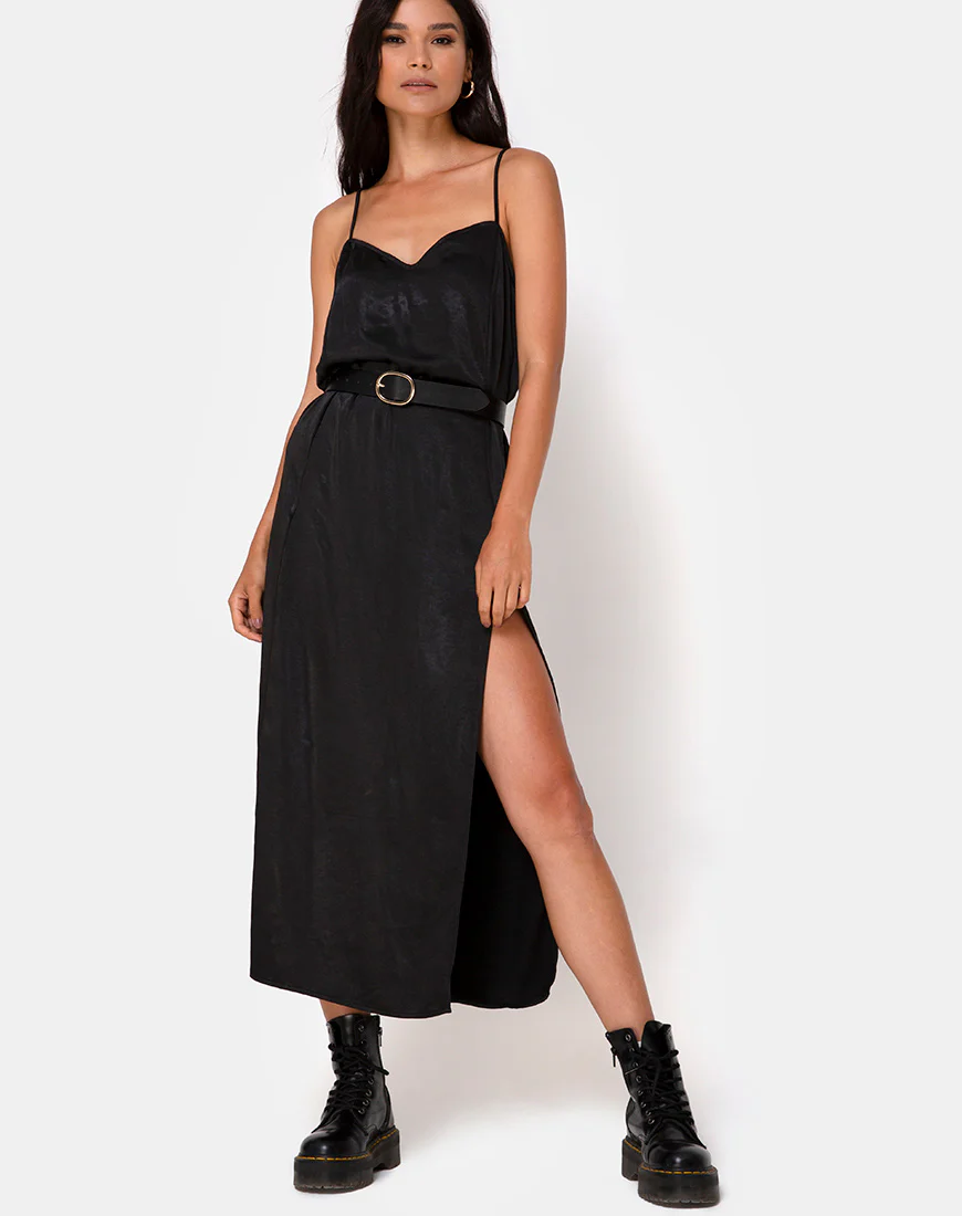 Batis Maxi Dress in Satin Black - Awmao